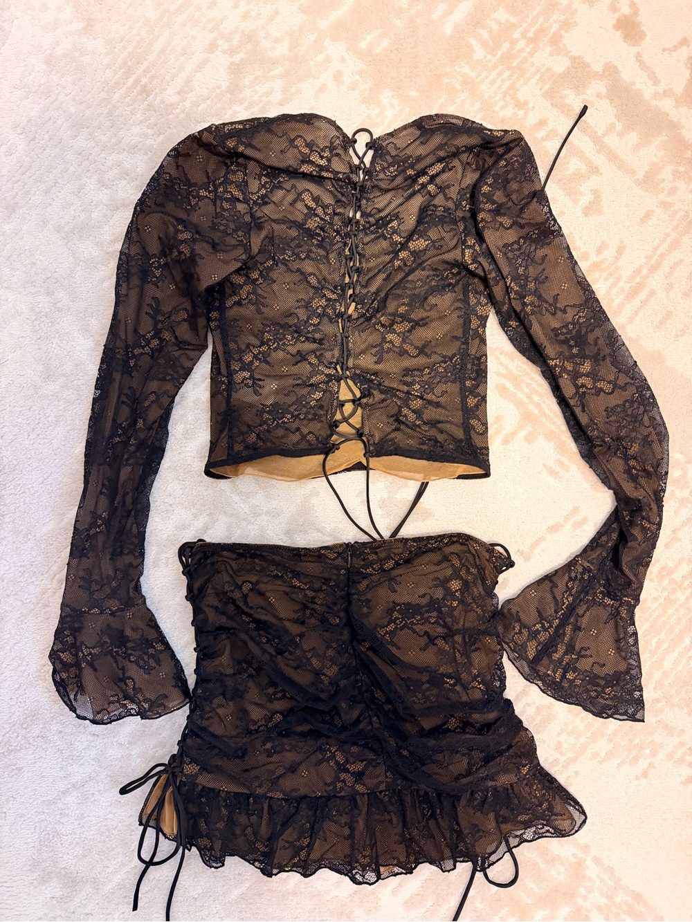 Oh Polly Black Lace Crop Top & Tan Lined Mini Skirt - Picture 8 of 8
